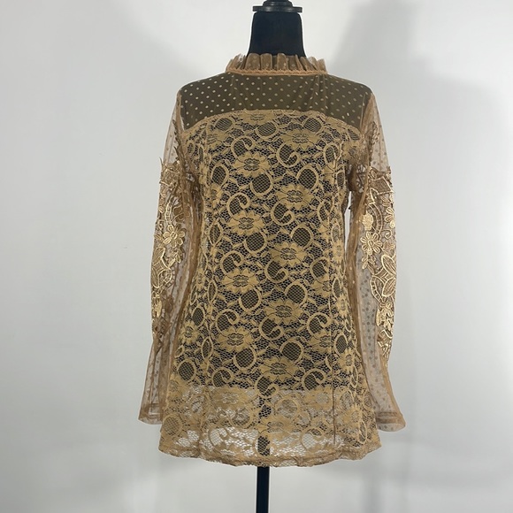 Pretty Angel Dresses & Skirts - Pretty Angel Tan, Lace,Turtleneck long sleeve top,Tunic,MiniDress, sheer,Large